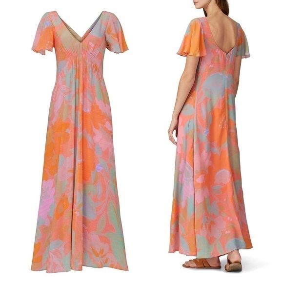 VEDA Bright Floral Short Flutter Sleeve V-Neck Ruched Empire Waist Maxi Dress XS - Picture 15 of 16